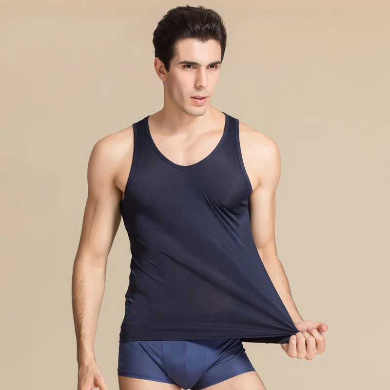 Birdsky, 1PC Men sleeveless top vest underwear sleep tops O neck 30% real mulberry silk 70% viscose 7 solid colors. S-938