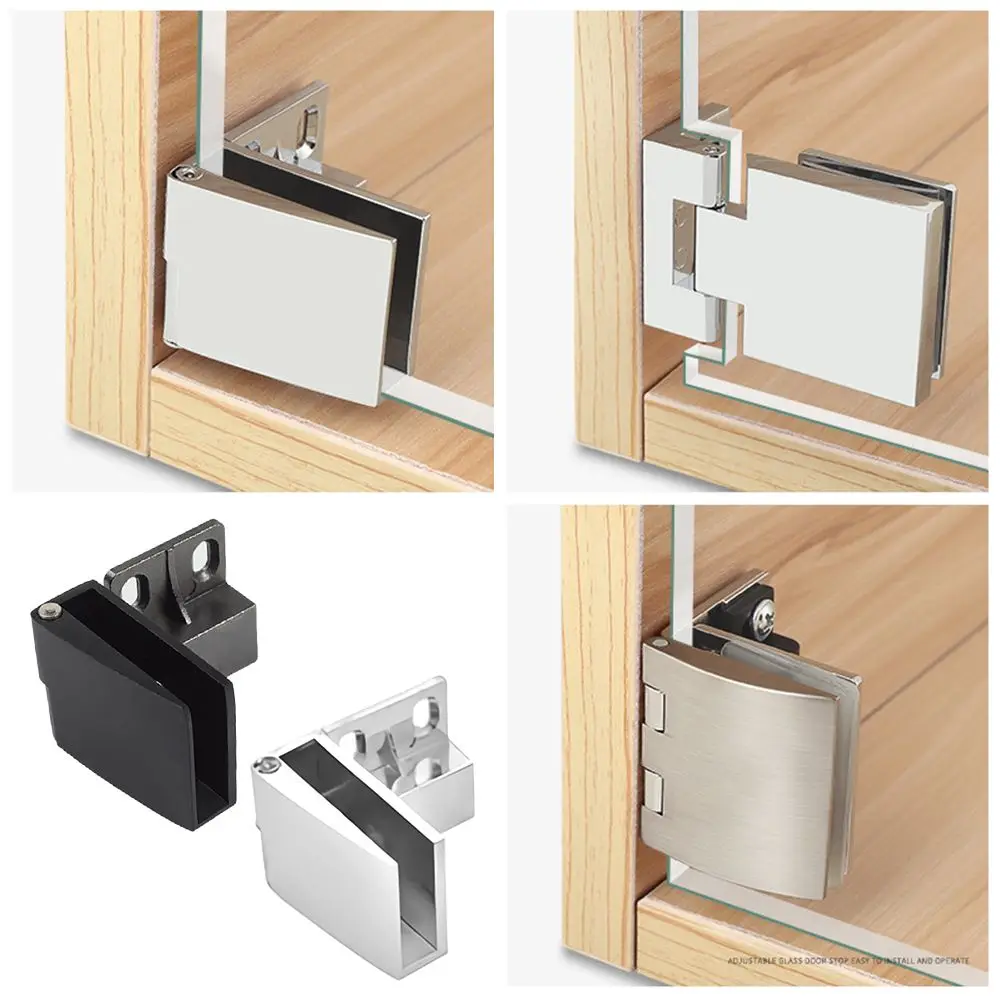 Description Picture 2 of itemNew Zinc Alloy Glass Door Hinge Side Mounted Self-closing Frameless Clamp No Drilling Hardware Cabinet Door Hinge Glass Door