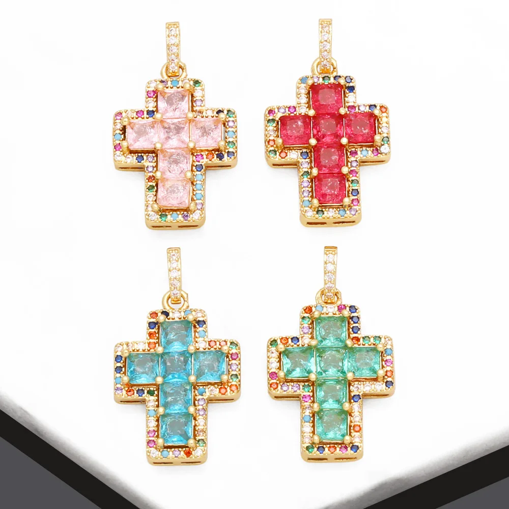 

OCESRIO Trendy Multicolor Crystal Cross Pendant for Necklace Copper Gold Plated CZ Crucifix Jewelry Making Component pdtb277