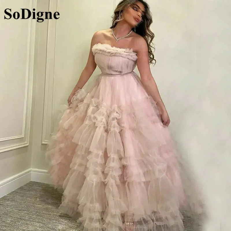 

SoDigne Tulle Baby Pink Evening Dresses Ruffles Strapless Prom Dress Robe de soirée for Graduation 16 Years Party Dress