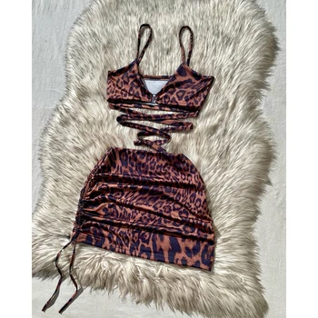 Sexy Dress Female 2-piece Suit Summer Leopard Print Lace-up Suspender Top+hip Skirt Tight Skirt Suit Nightclub Party Costume 1