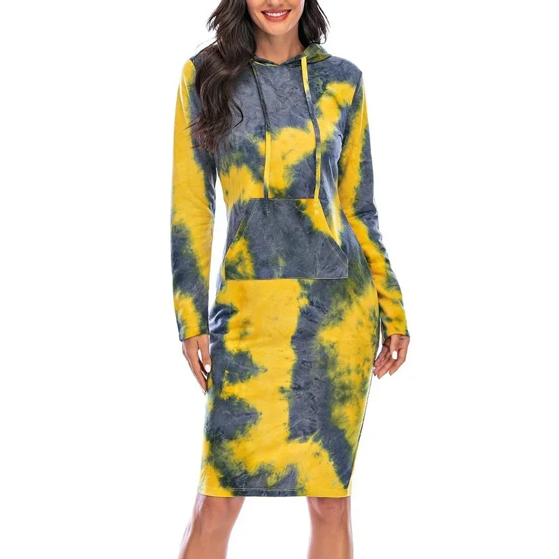 Women Fashion Color Match Big Pocket Knee-Length Pullovers Autumn Winter Simple Casual Outwear Tie Dye Long Hooded Sweatshirts