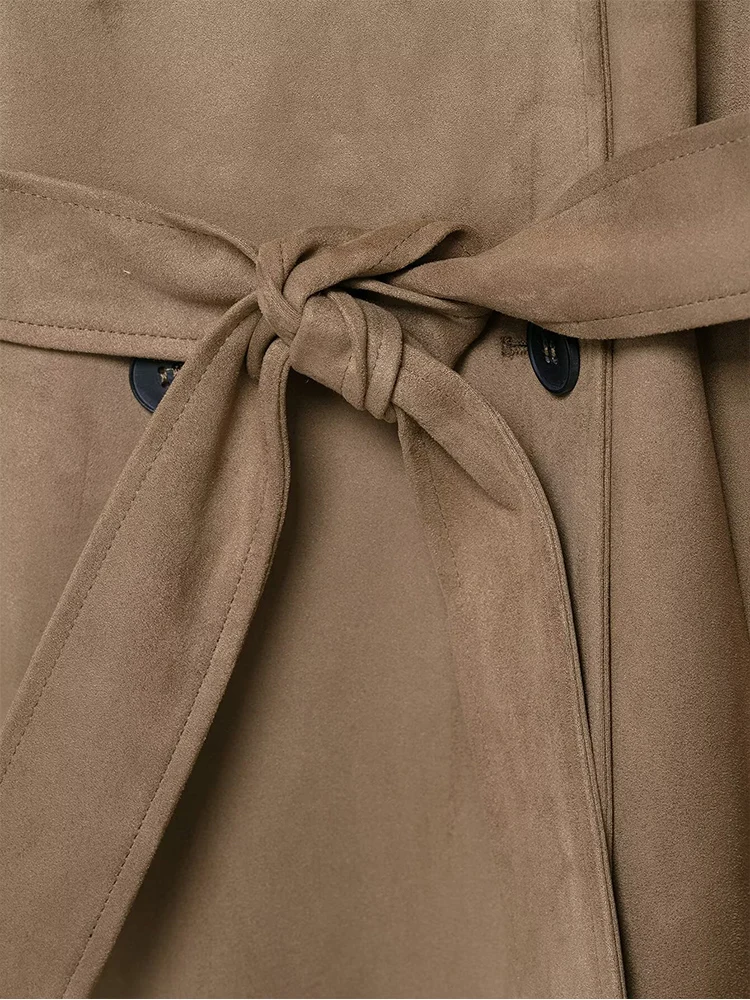 Casual Ladies Suede Trench Coat Chic Double-breasted Lapel Solid Long Windbreak With Belt Autumn New Fashion Women Streetwear