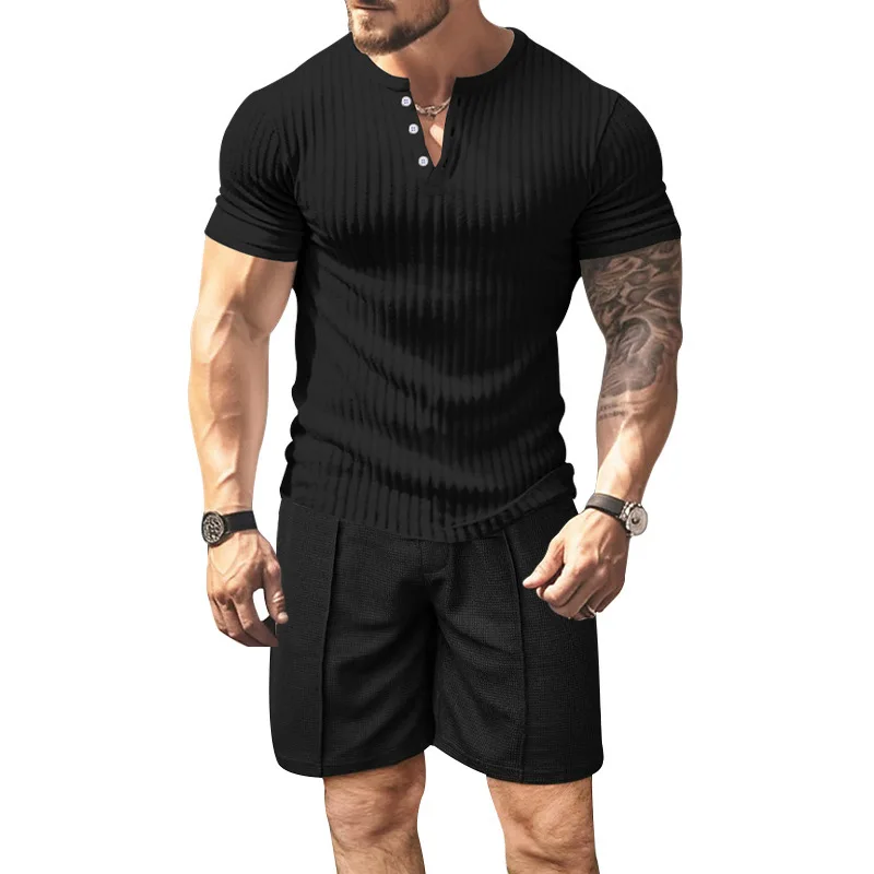2024 Summer New Men's Sportwear Solid Color Jacquard Button Short-sleeved Round Neck T-shirt Shorts Two-piece Men's Clothing