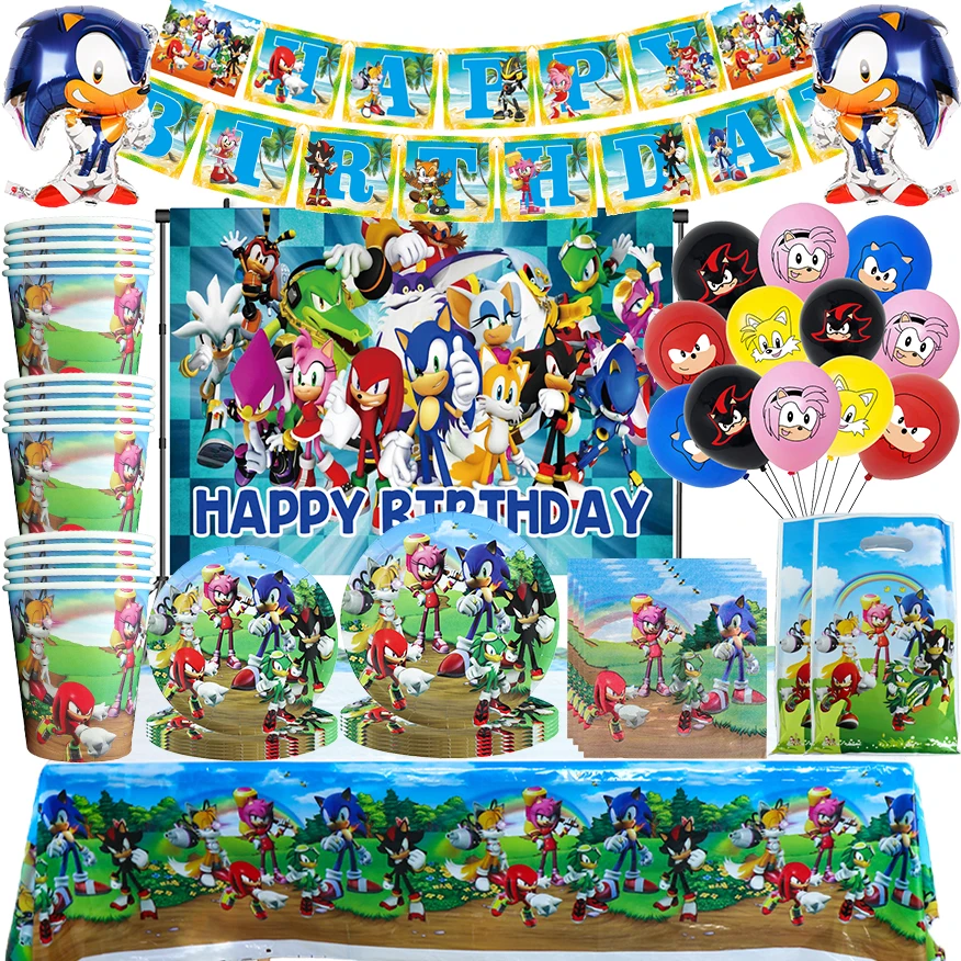 

Sonic Party Decoration Birthday Tableware Kit Children Happy Party Sonic the Hedgehog Cake Topper Customize Backdrop Balloons