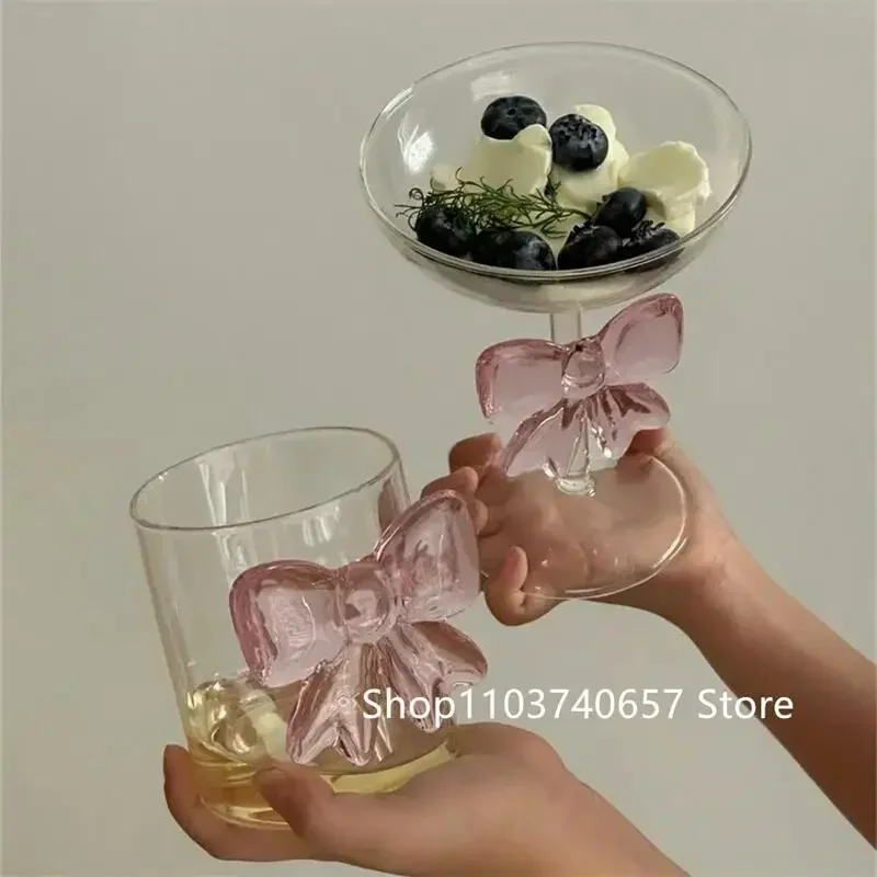 Pink Bow Transparent Glass Milk Coffee Juice Glass High Borosilicate Heat-Resistant Dessert Yogurt Bowl with Bow Handle