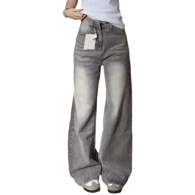 Jean Vintage à jambes larges, gris, Style américain, pantalon décontracté à jambes droites pour femmes, coupe ample drapée, nouvelle collection printemps automne 2024 5