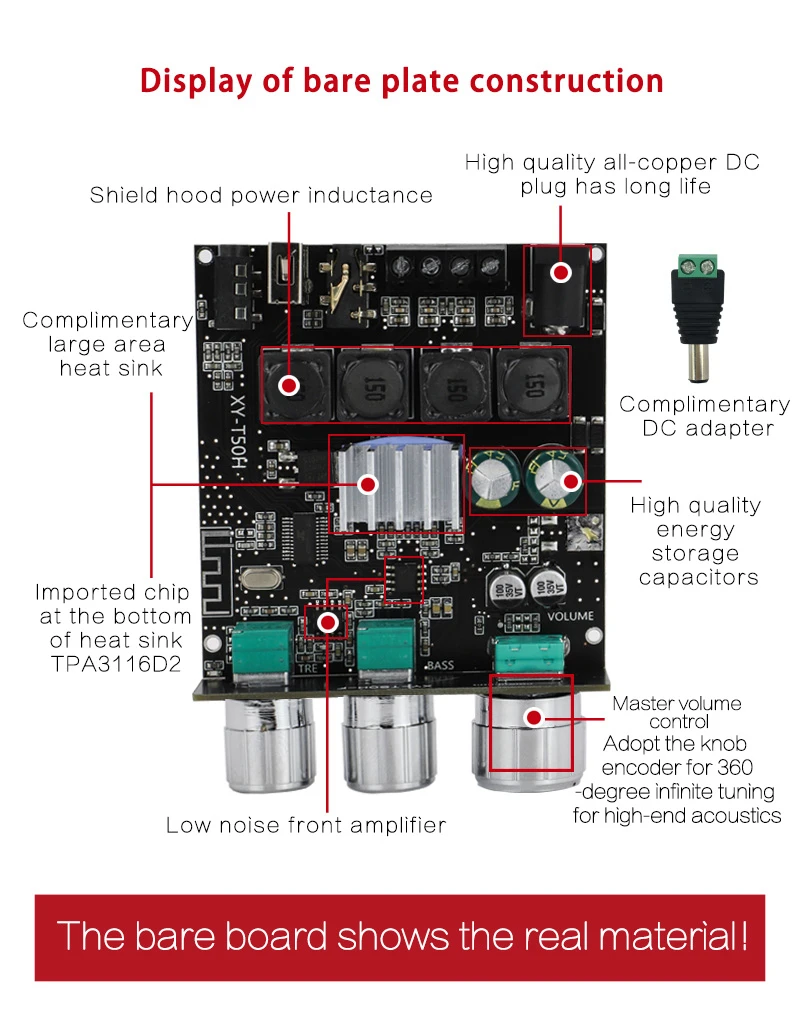 TPA3116D2 Bluetooth 5.0 HIFI 2.0 Channel Power Audio Stereo Amplifier Board 100W 50W TREBLE Bass Note Tuning AMP S502T S1002T