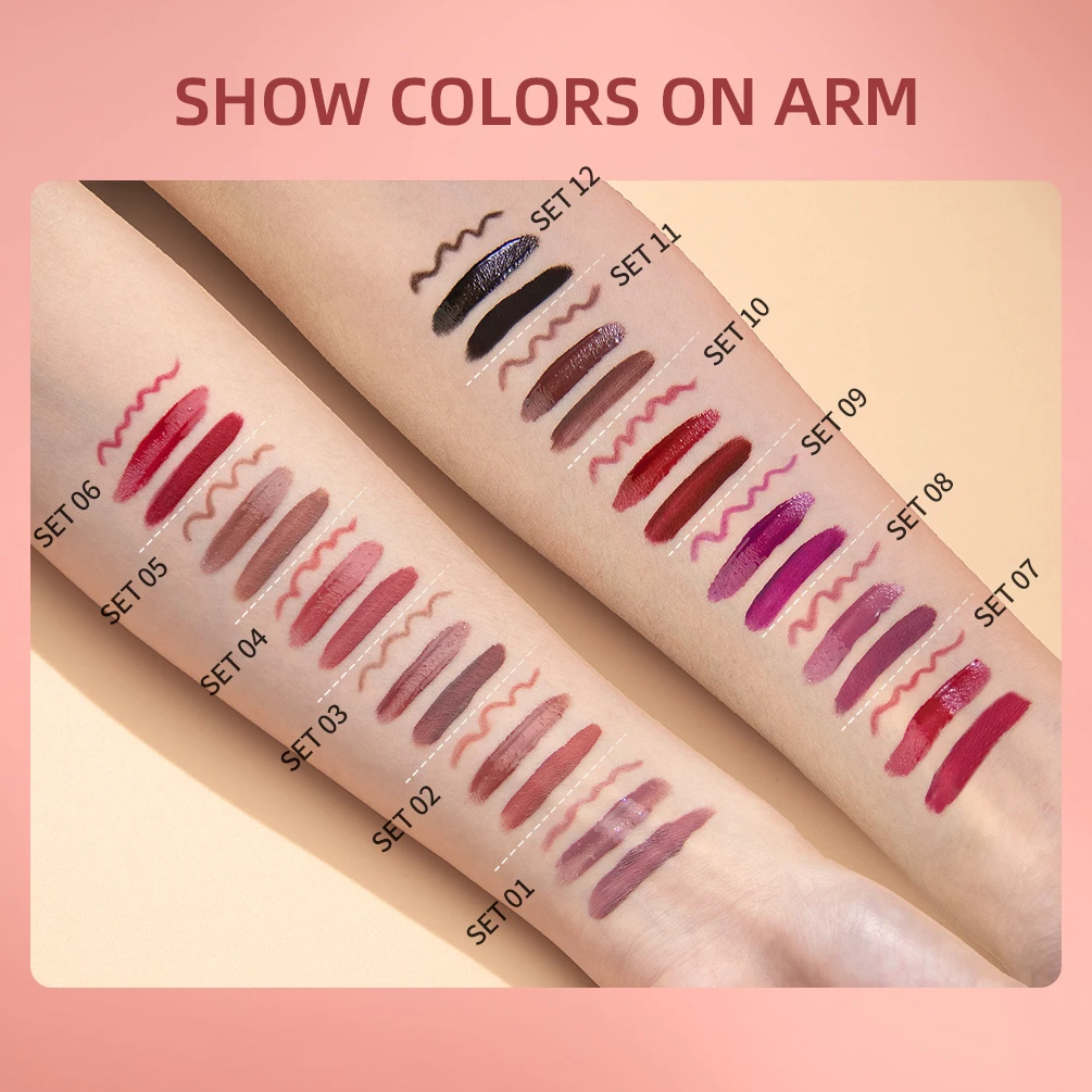 QIBEST Matte Liquid Lipstick&Lip Liner&Lip Gloss 3Pcs Sets Long Lasting Non-stick Cup Red Black Purple Lip Tint Cosmetics Kits 6