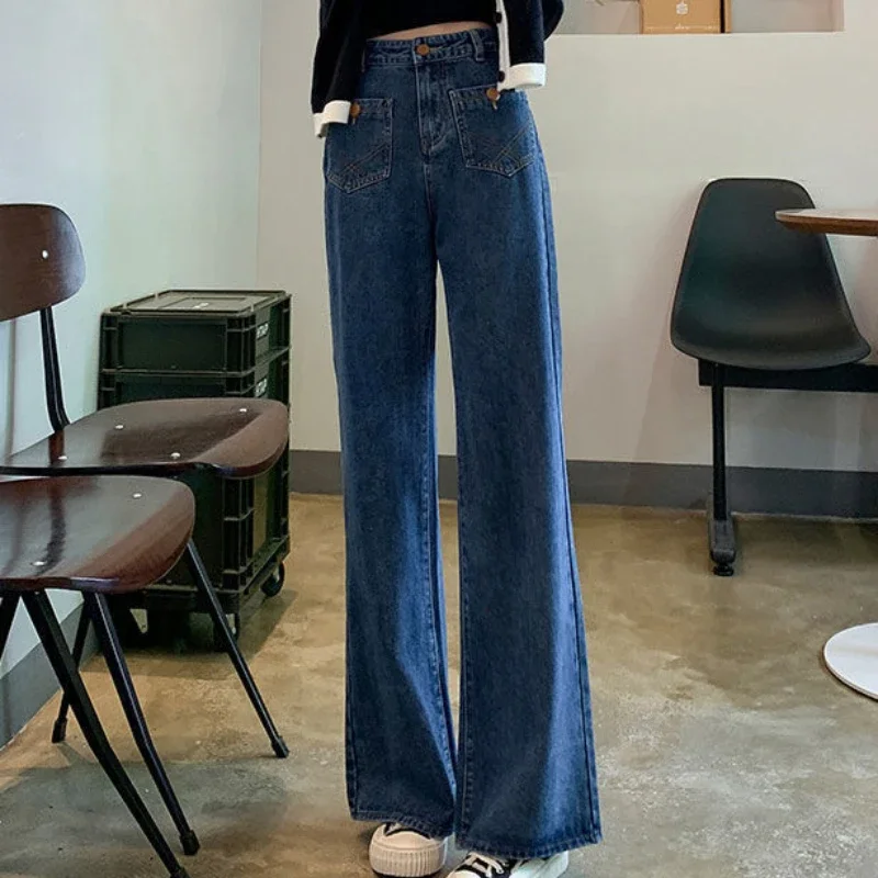 Women's Denim Flared Pants - High Rise Slimming Wide Leg Stretch Jeans (Blue, Medium) - View #2