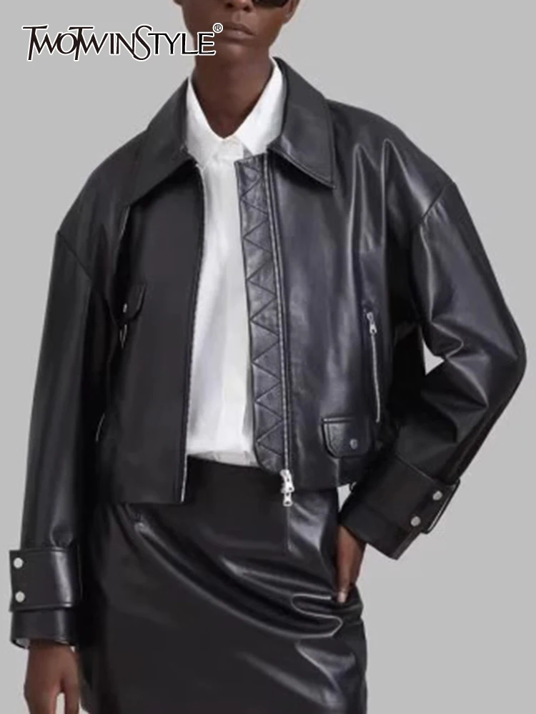 

TWOTWINSTYLE Solid Spliced Pocket Leather Jacket For Women Lapel Long Sleeve Patchwork Zipper Streetwear Jackets Female Fashion