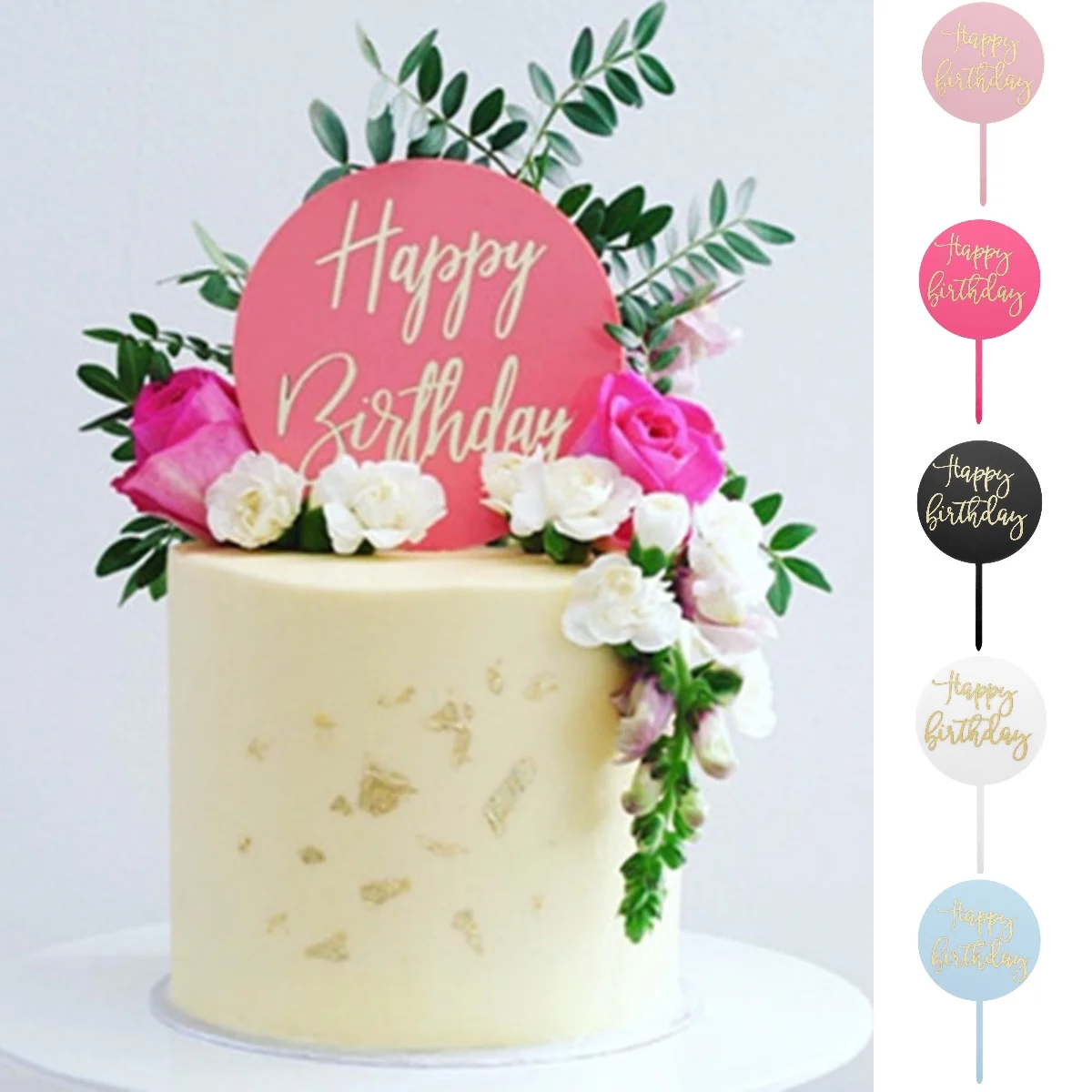 

6Pcs Ins Style Round Bronzing Letters "Happy Birthday" Cake Topper Cupcake Toppers Cake Decorating Supplies for DIY Baking Decor