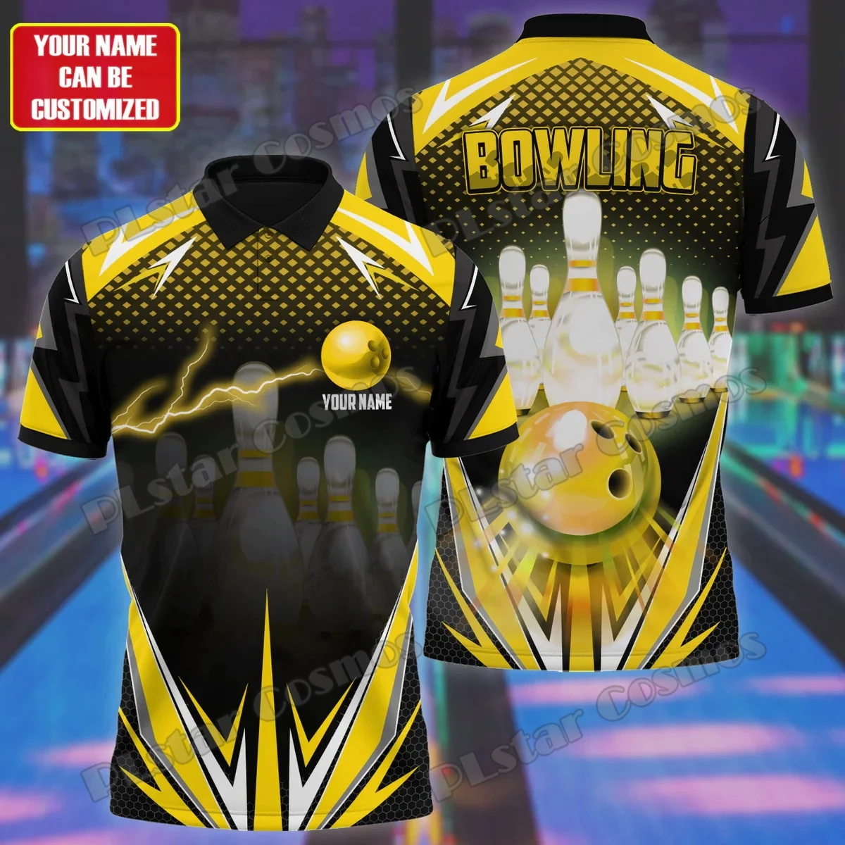 Rotes Bowlingfeuer, personalisierter Name, 3D-gedrucktes Herren-Poloshirt, Sommerstraße, kurzärmeliges Hemd, Geschenk für Bowlingspieler WK32 – Detail 11