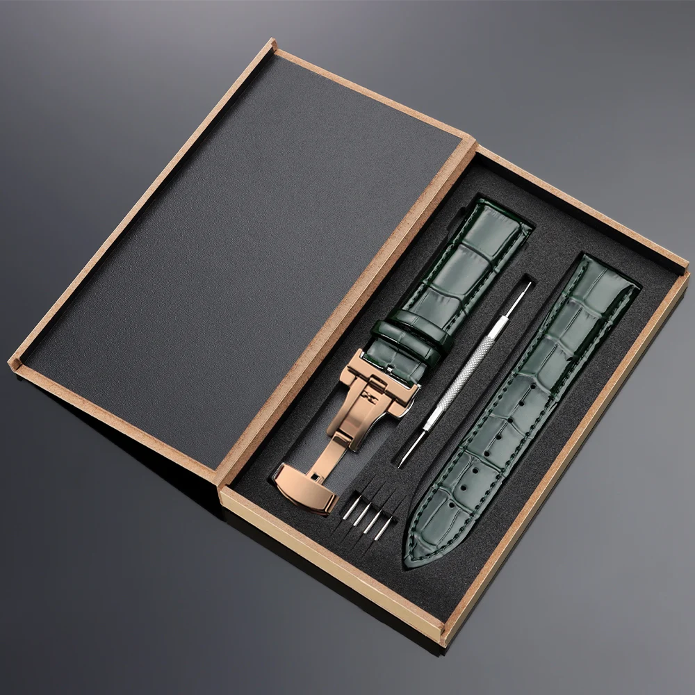 Vintage Leather Watch Band with Wooden Box and Butterfly Clasp