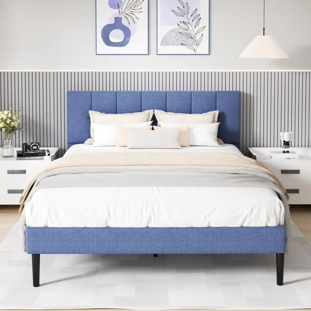 Queen Bed Frame with Button Tufted Headboard, Fabric Upholstered Platform Bed Frame, Foundation with Wooden Slat Support Beds 3