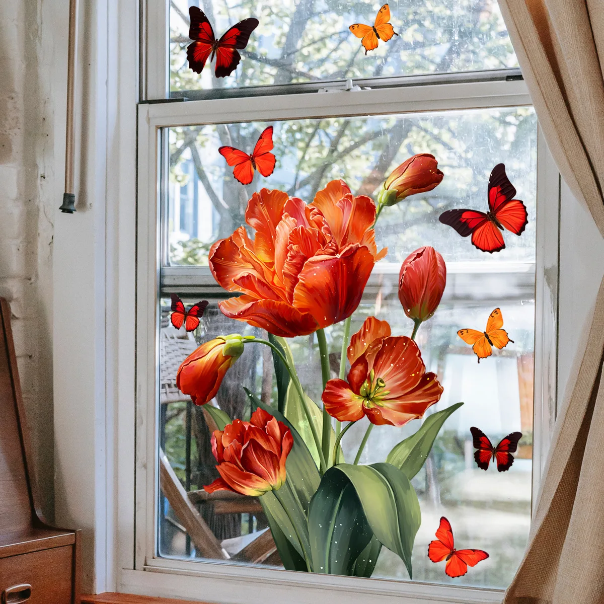 Window Stickers Fresh Floral Orange Tulip Colourful Butterfly Window Cling Static Sticker For Home Office School Shop Window Glass Decor