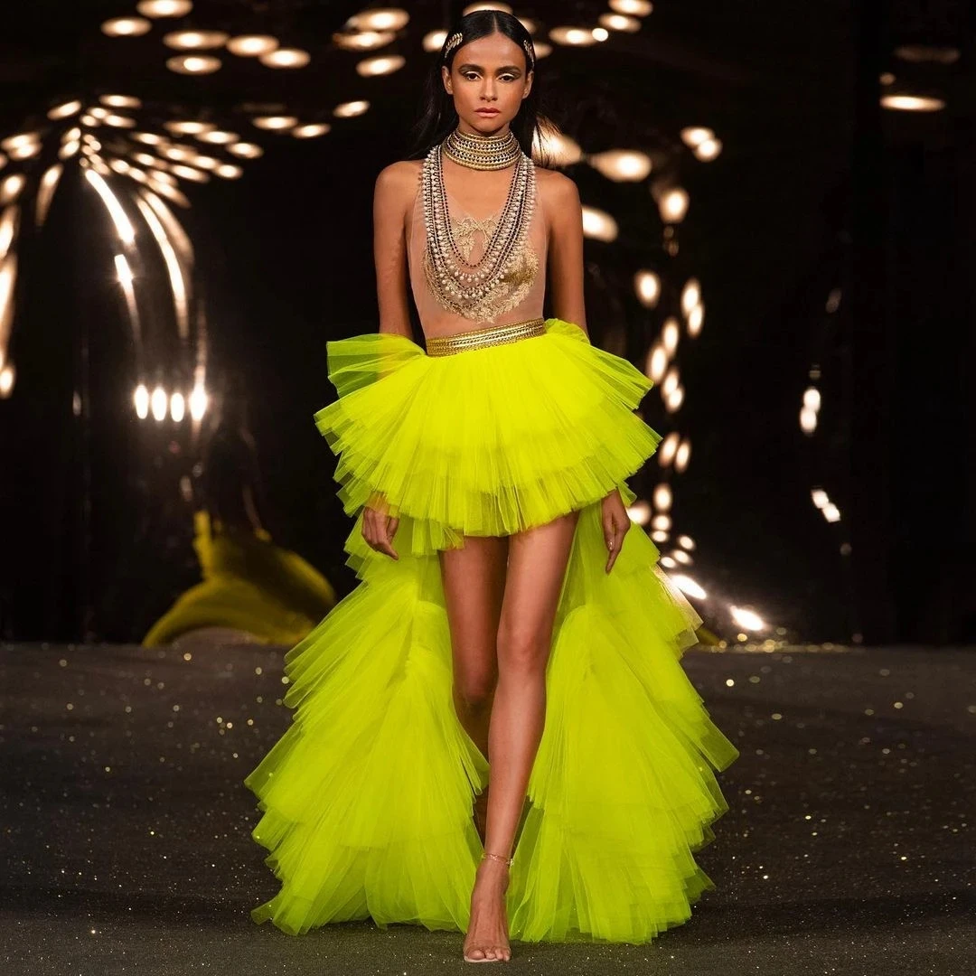 

Fashion Lime Yellow High Low Skirt Women Fluffy Tiered Tulle Maxi Skirt for Prom Party Chic Asymmetrical Ladies Evening Skirt