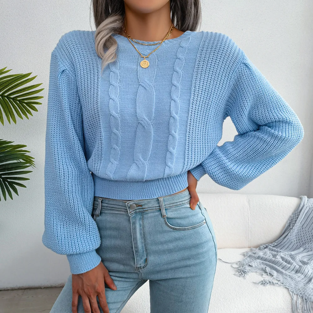 

Autumn and Winter Leisure Fried Dough Twists Lantern Sleeve Waist Knitting Sweater for Women