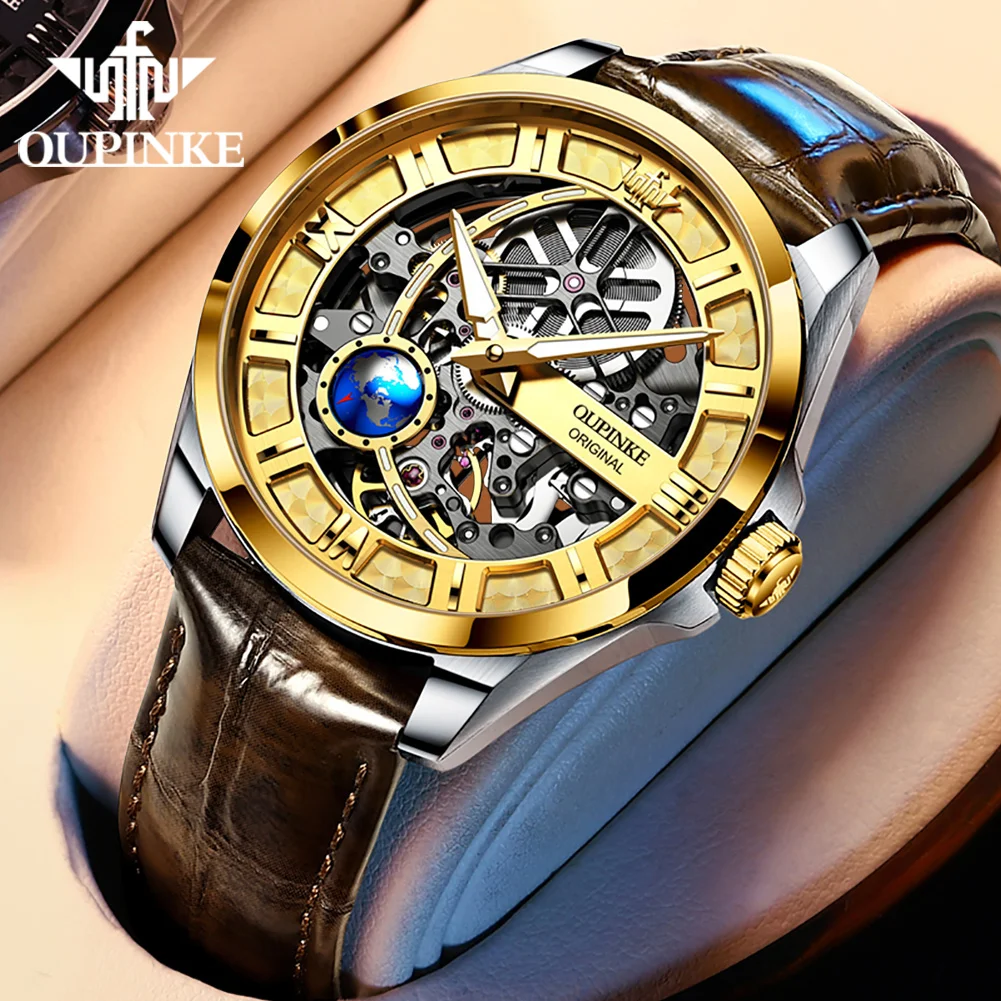 

OUPINKE New Watch for Men Skeleton Design Automatic Watch 50M Waterproof Sapphire Leather Strap Men Mechanical Wristwatches 3268