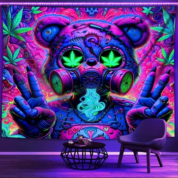 Tapisserie fluorescente ours en peluche psychédélique, style décoratif Chic, tenture murale UV, décoration de fête à domicile pour chambre à coucher 1