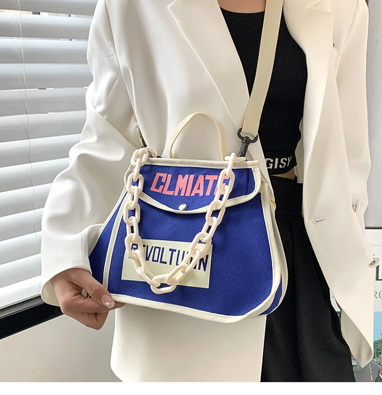 Canvas Women's Shoulder Bag Chain Casual Totes Contrast Color Ladies Crossbody Bag Trend Letter Print Fashion Designer Handbags