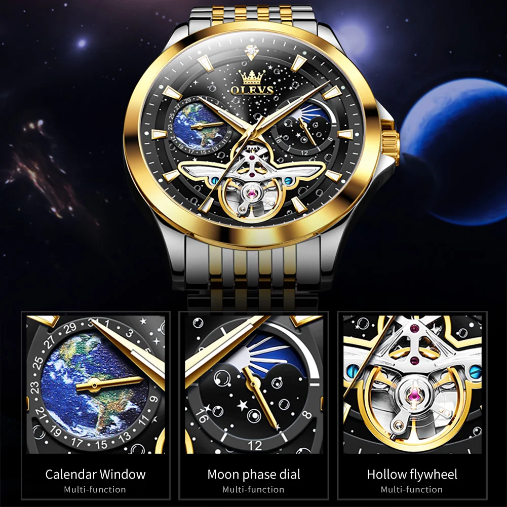 OLEVS Brand Luxury Tourbillon Mechanical Watch for Men Stainless Steel Waterproof Luminous Moon Phase Fashion Starry Sky Watches