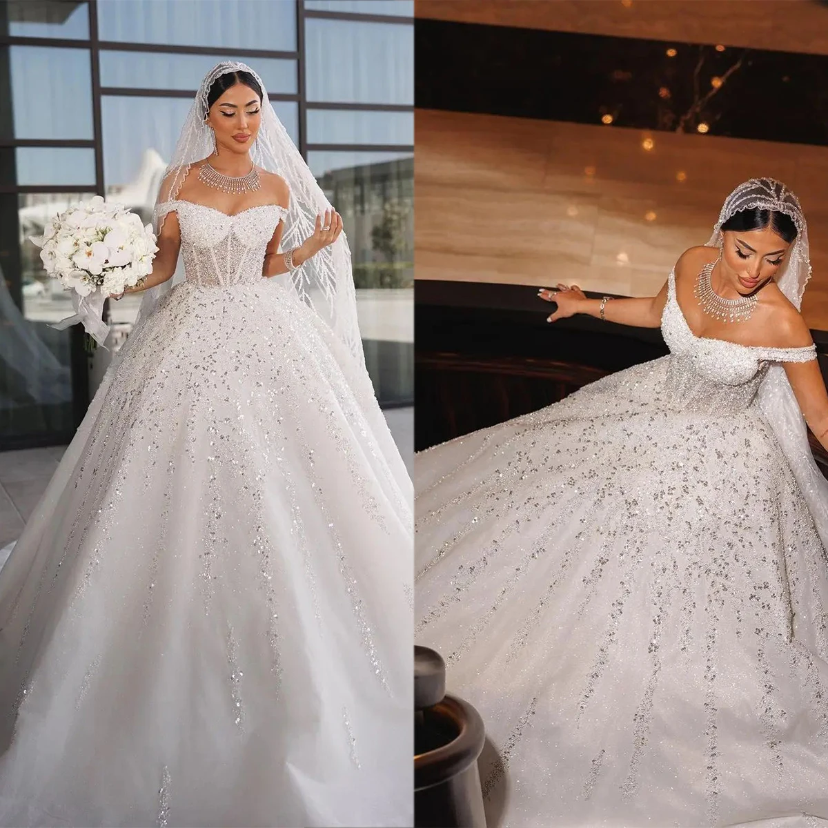 

Modest Sweetheart Shinny Beads Pearls A-Line Wedding Dress Vestidos De Novia Off the Shoulder Luxury Bridal Gown
