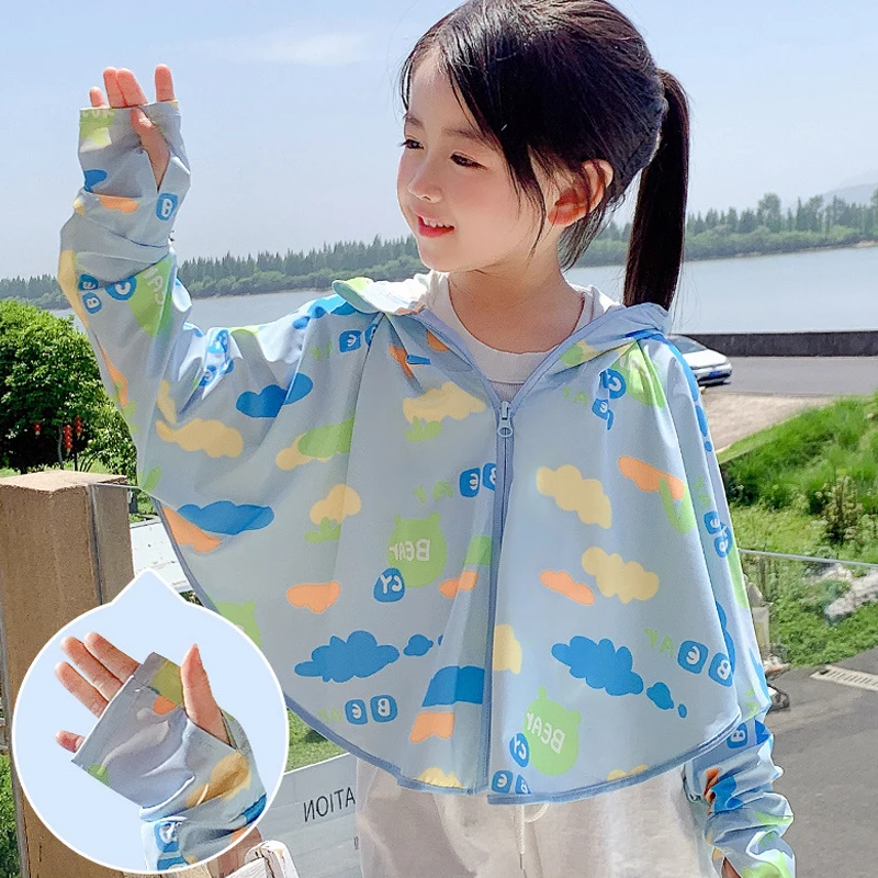 Children Skinsuits Ice Silk Summer UV Proection Boys Girls Breathable Hooded Jacket For Outdoor Hiking Trekiing Beach Travel