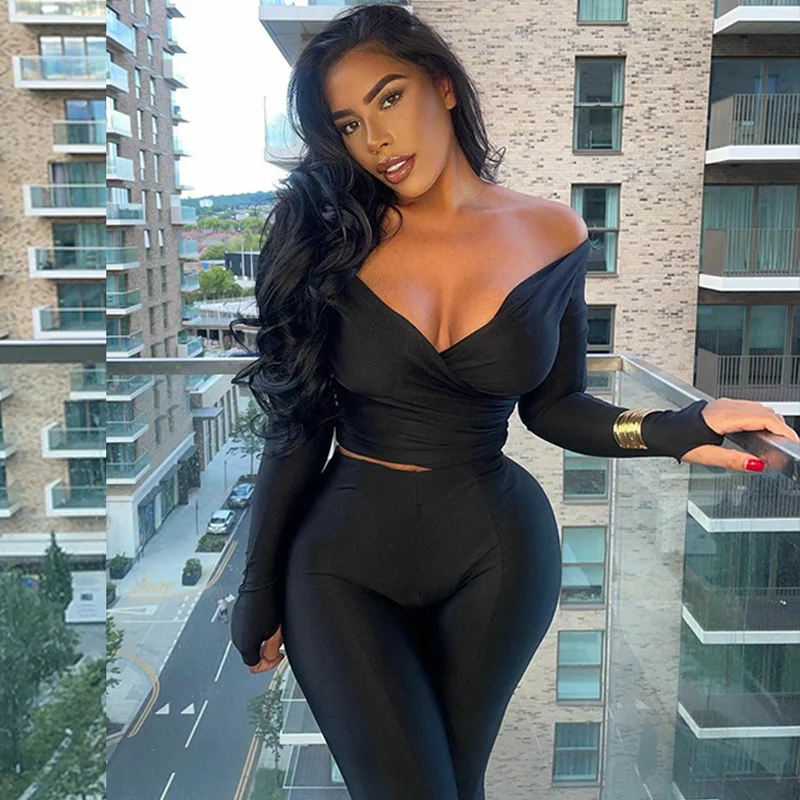 

SIYU V-neck Long Sleeve Top Slim Pants Suit 2023 spring New Fashion Casual Wholesale Sexy Party Club 2 Piece Sets Womens Outfits