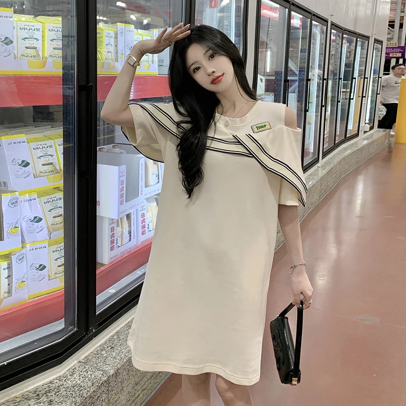 

2024 Korean Style Loose Casual Maternity A-Line Dress Shoulderless Striped Patchwork Preppy Style Pregnant Woman Mini Dress Cute