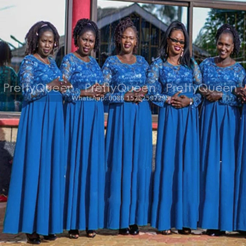 

Pleat A Line Bridesmaid Dresses With Long Sleeves Royal Blue Lace Top Chiffon Skirt Plus Size Women Wedding Guest Dress
