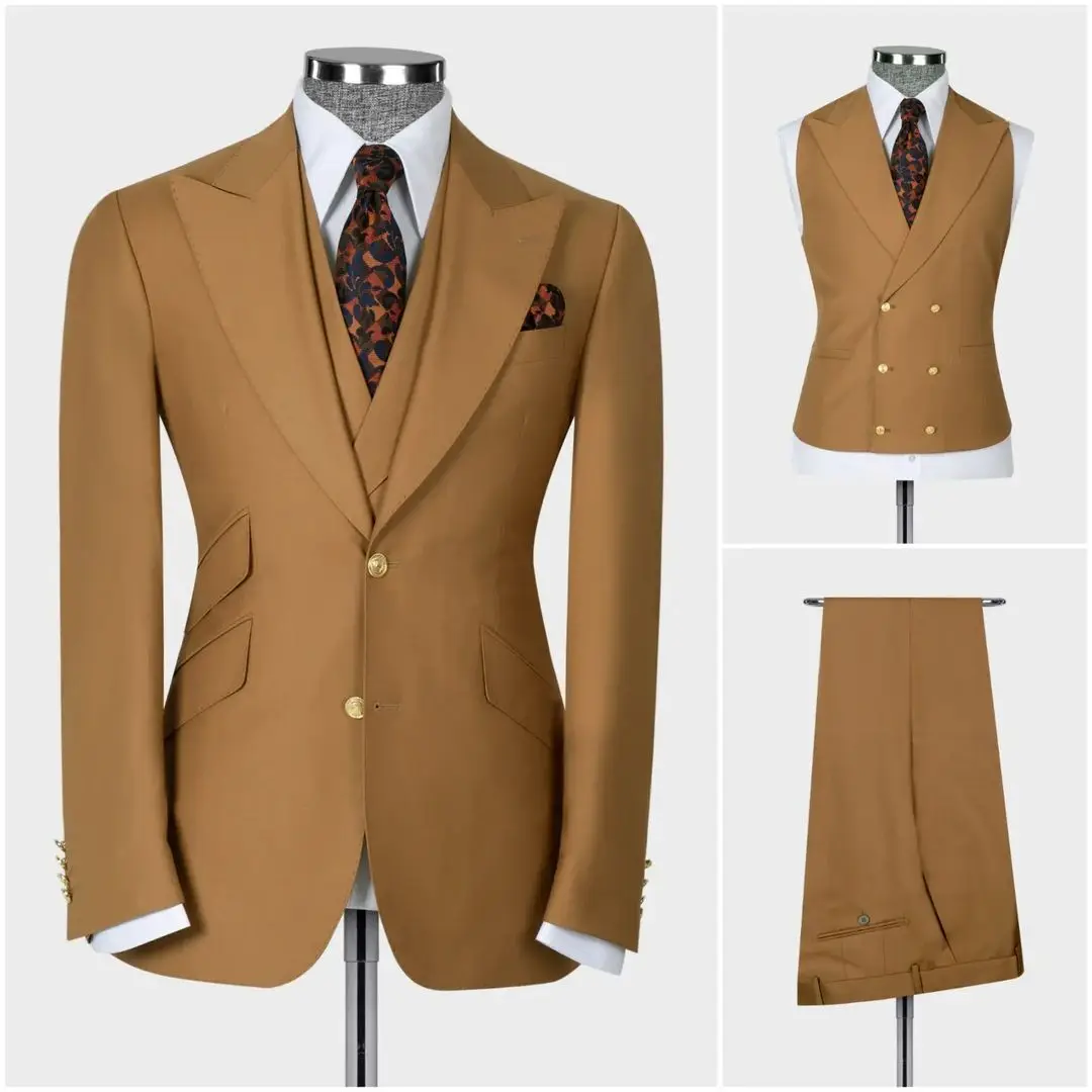 Dark Blue Men's Suit Coat Pants Vest 3Pcs Set Man Suits Slim Fit Outfit Blazer Trousers Wedding Clothing New Year Business Wear