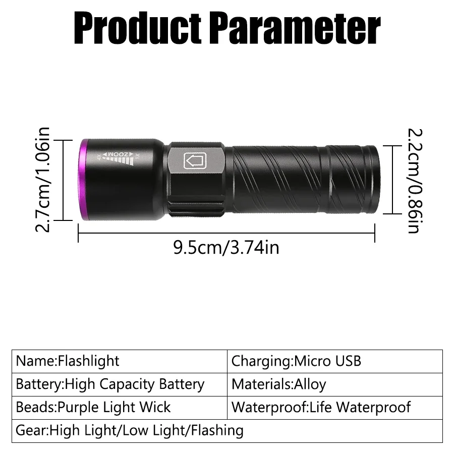 Portable UV Flashlight UV395NM Zoomable ABS Torch...