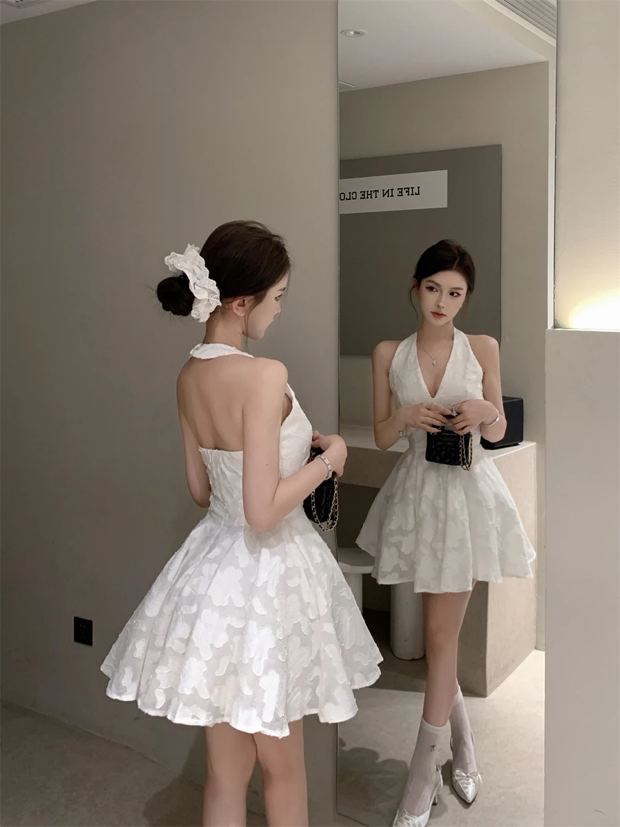 Y2K Halter Backless Short Dresses for Women V-neck Jacquard Sleeveless A-line Birthday Party Dress Prom Mini Vestidos Mujer New