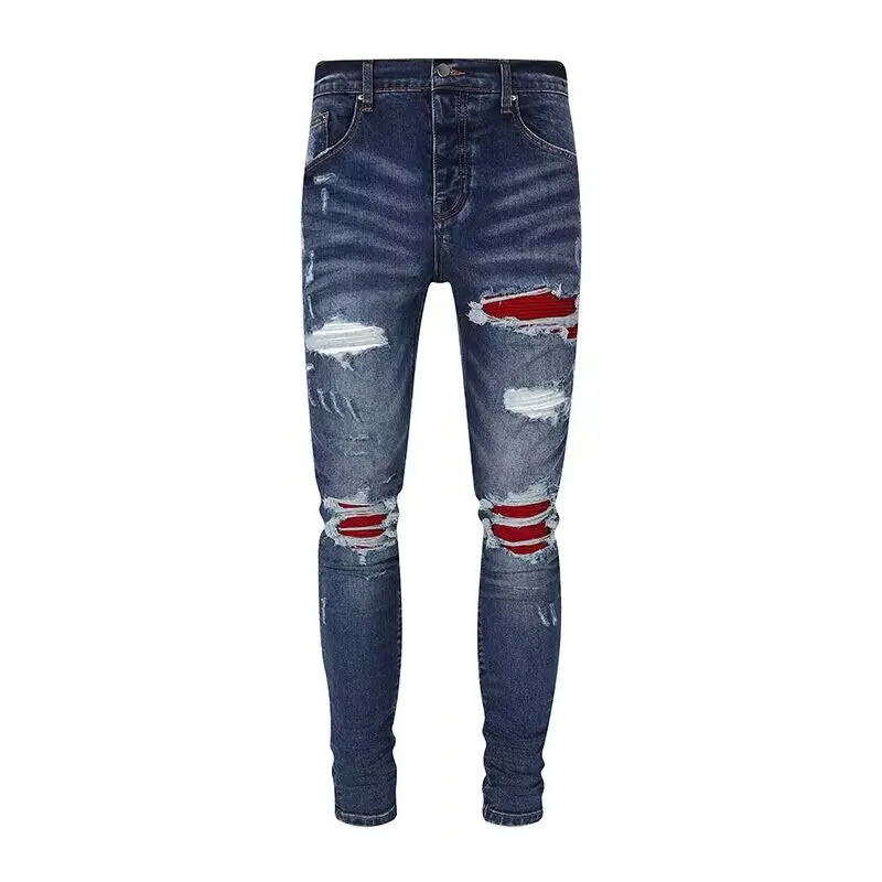 

High Street Trend Fashion New Men's Elastic Jeans Vintage Deep Blue Tight Split Jeans Men's Red Patch Designer Hip Hop Brand Uni