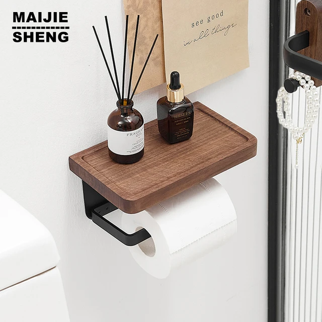 Walnut Wood Bathroom Bundle: Toilet Roll Holder and Two Floating Corner  Shelves 