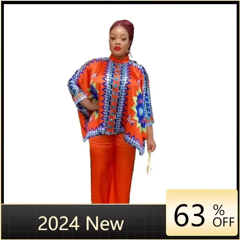 

2024 2 Piece African Clothes for Women Outfits Summer 3/4 Sleeve O-neck Print Top Pant Matching Sets Dashiki Africa Clothing