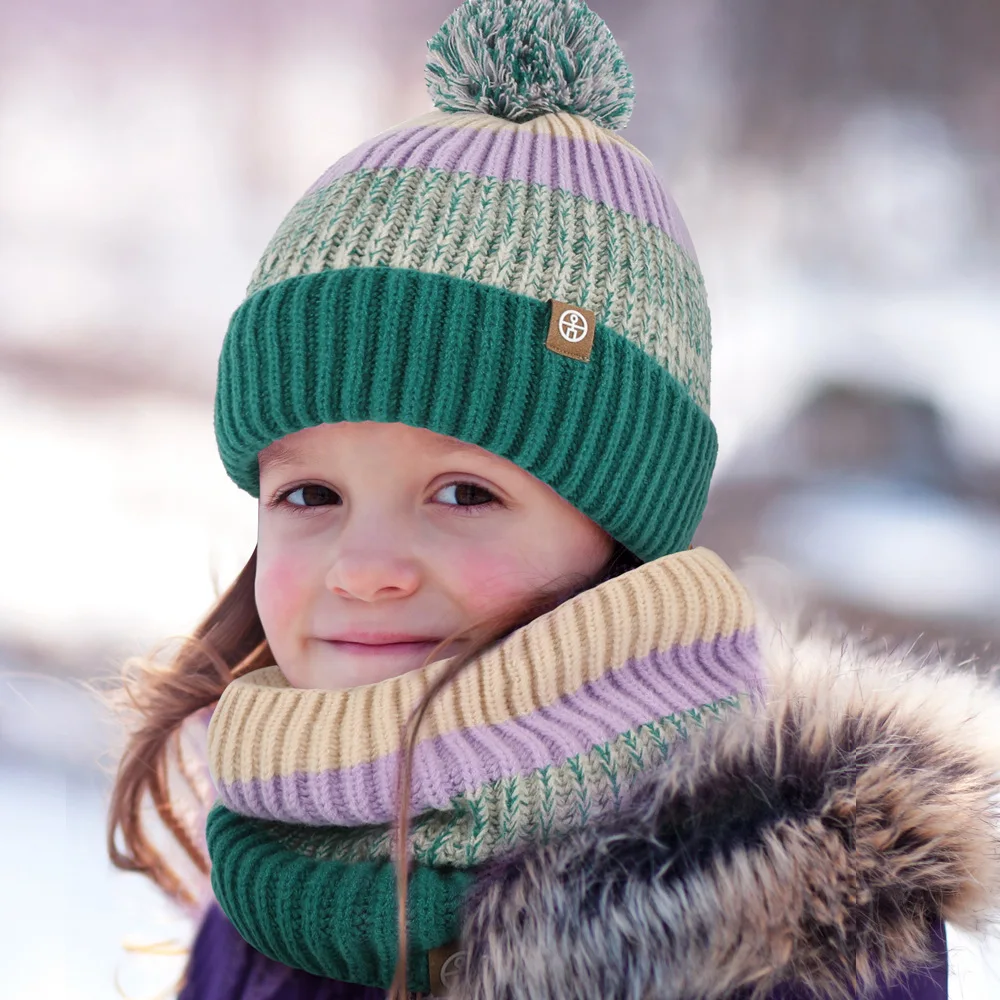 3pcs Set Winter Hat Children Beanie Snood Gloves Kids Gilr Boy Knit Winter Bonnet Colorful Striped Plush Lining Pompom 2-10Y