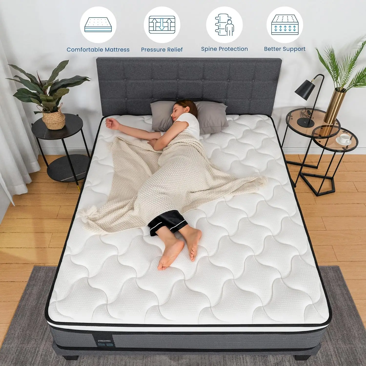 12 Inch Pillow Top Hybrid Mattress in a Box Medium Firm Fiberglass-Free, Soft Breathable Pressure