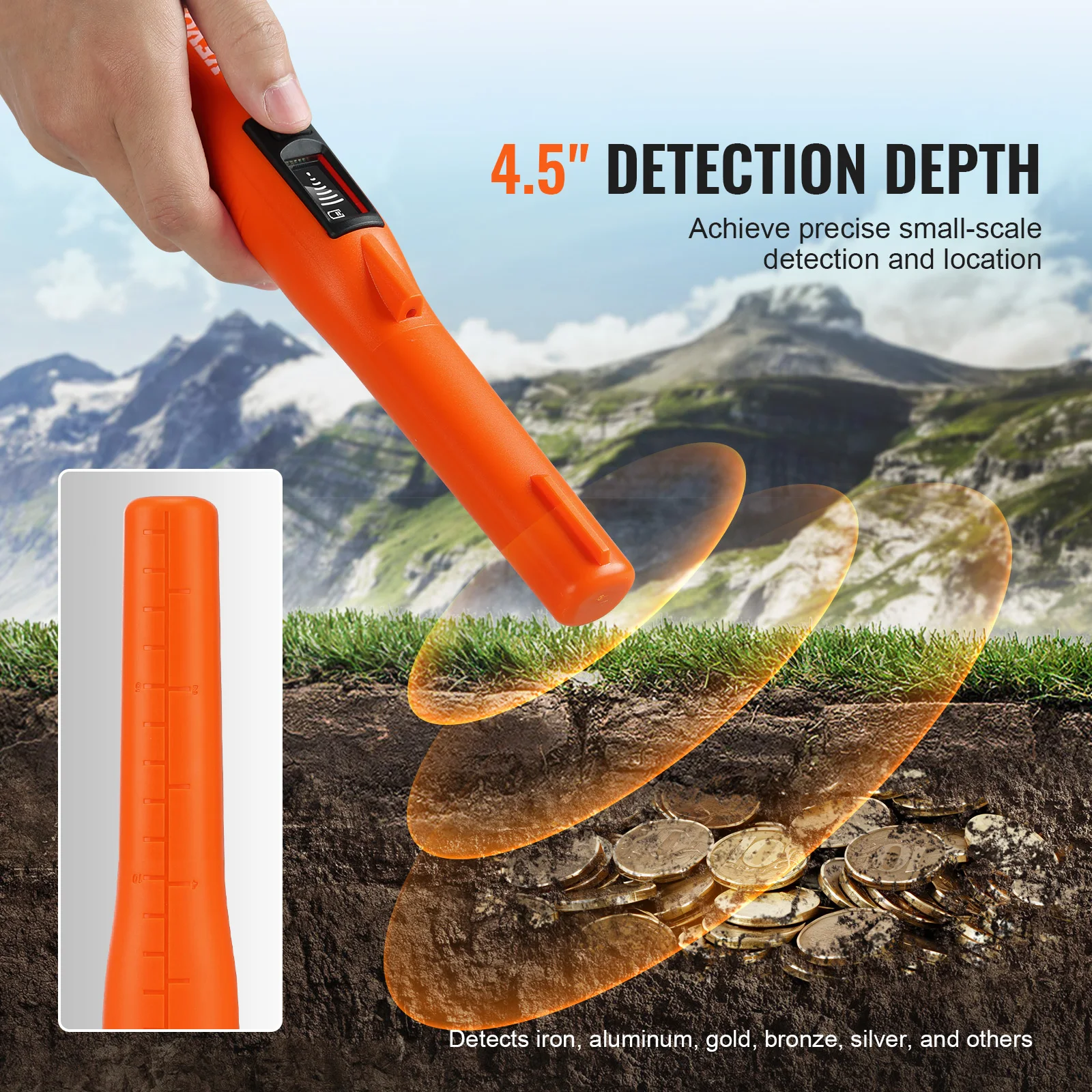 VEVOR Metal Detector Pinpointer IP66/IP68 Waterproof Handheld Pin Pointer Wand 1.96"/4.5" Detection Depth 3 Modes for Detecting 5