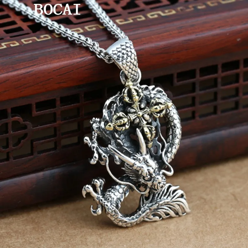 

BOCAI New S925 Sterling Silver Jewelry Personalized Retro Men's Style Domineering Dragon Slaying Diamond Pestle Pendant
