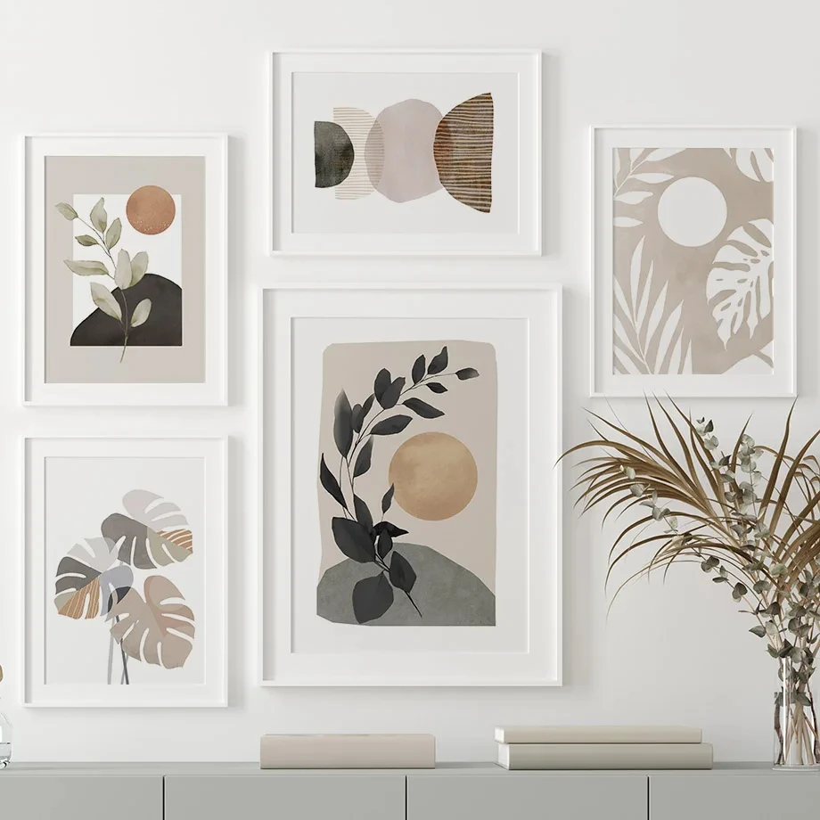 

Abstract Poster Print Canvas Painting, Nordic Wall Art Pictures, Monstera Leaves, Sun Rainbow, Geometry, Living Room, Home Decor