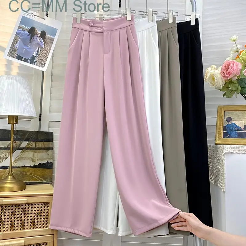 New Pink Suits Pants Women Spring High Waisted Band Button Elegant Pants Office Ladies Casual Chic Straight Pants