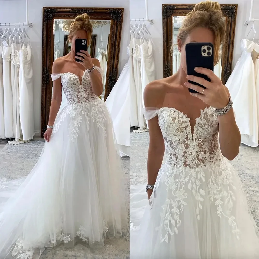 

Boho Lace A Line Wedding Dresses Off Shoulder Appliques Sweep Train designer wedding bridal gowns
