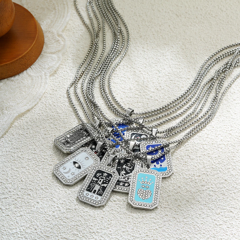 Silver Color Stainless Steel Square Tarot Card Palm Evil Eye Star Moon Sun Pendant Neckalce Zircon Unisex Punk Vintage Jewelry