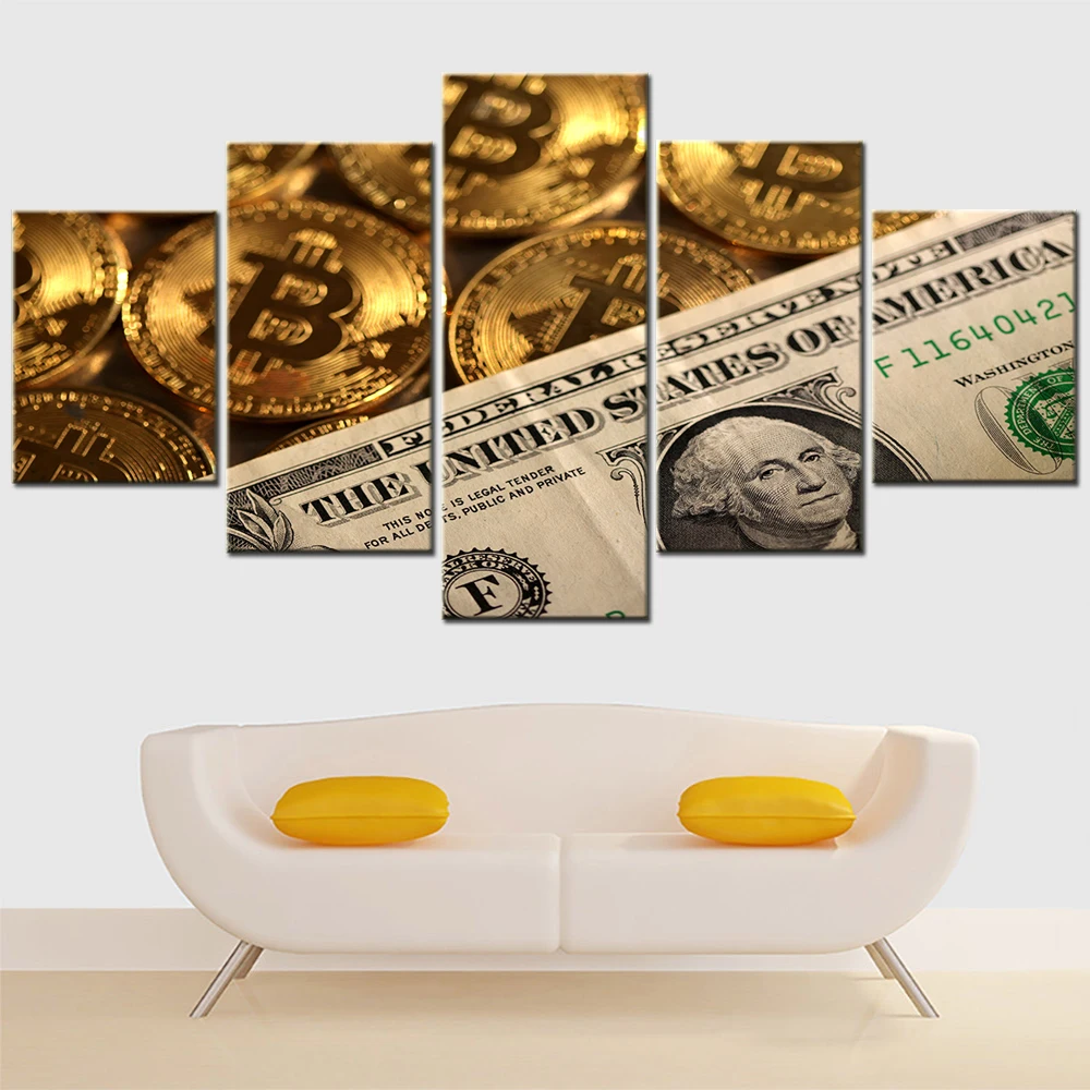 5 Pieces Canvas Wall Art Picture Bitcoin and US Dollars Money Painting for  Interior Modular Room Decoration Teenager Photo Frame