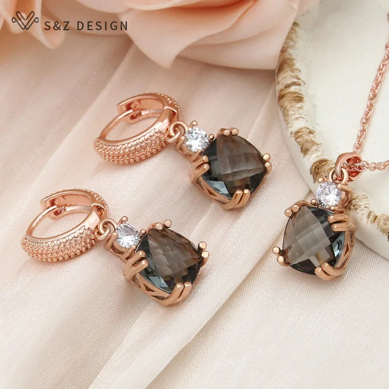 S&Z DESIGN New Fashion 585 Rose Gold Color Square Crystal Drop Earrings Jewelry Sets For Women Wedding Pendant Necklace Gift