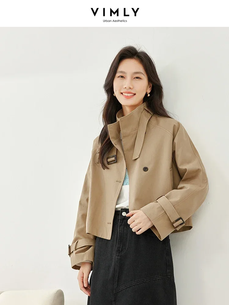 Vimly Khaki Cotton 100% Cropped Trench Coat New Single Breasted Loose Jacket for Women Spring Windbreaker Outerwear M5165