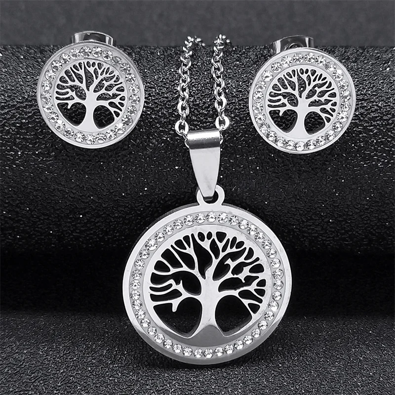 Tree of Life Necklace Earings Set for Women Rhinestone Stainless Steel Silver Color Crystal Jewelry Sets jewelry set silver jewelry set