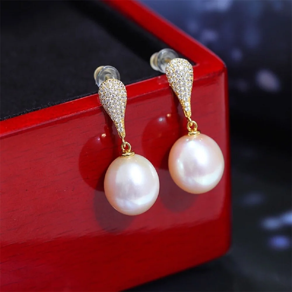 

18K gold-plated full zircon AAA+++ 7-8mm 8-9mm South Sea round White pearl earring 925s... gift box